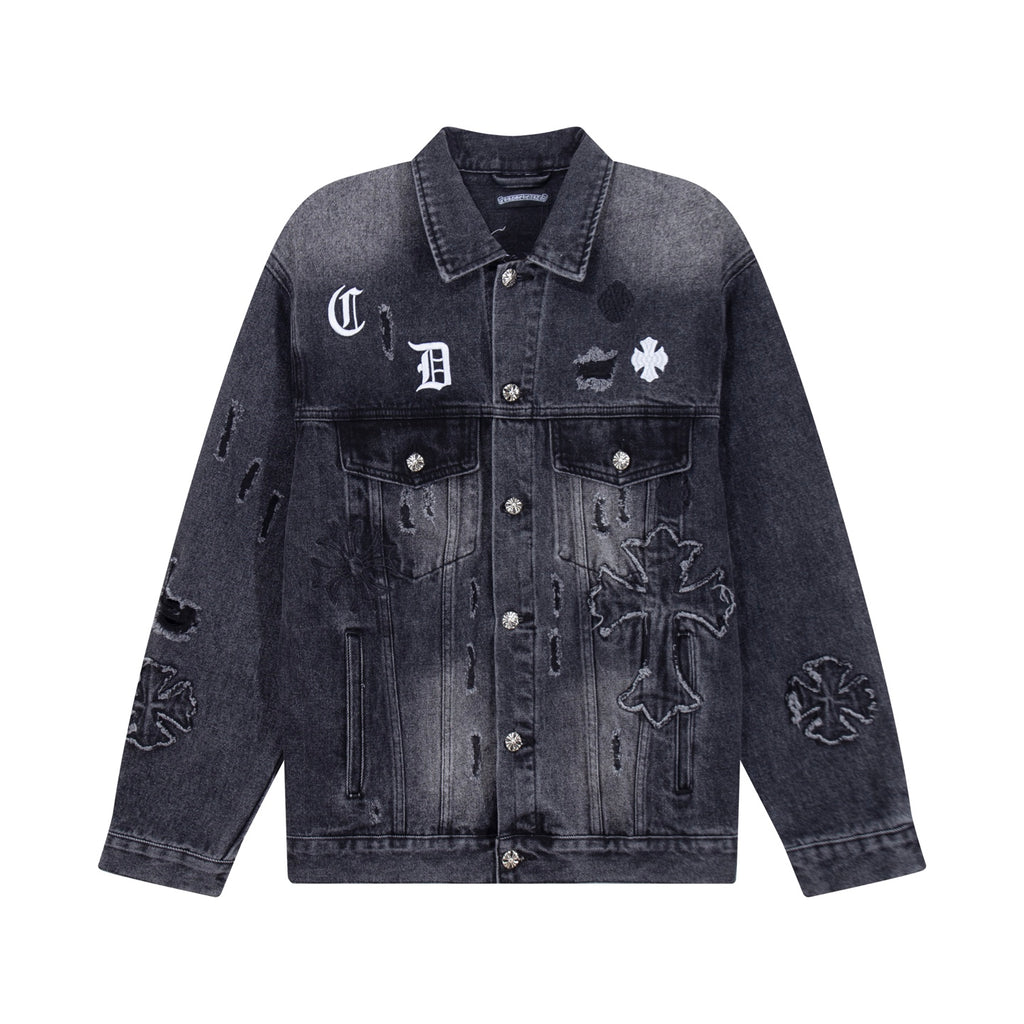 Dark denim jacket with long sleeves, front buttons, and embroidered graphic patches