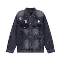 Dark denim jacket with long sleeves, front buttons, and embroidered graphic patches