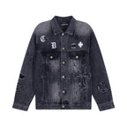 Dark denim jacket with long sleeves, front buttons, and embroidered graphic patches