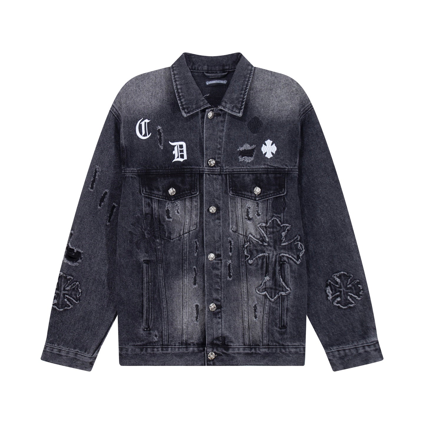 Dark denim jacket with long sleeves, front buttons, and embroidered graphic patches