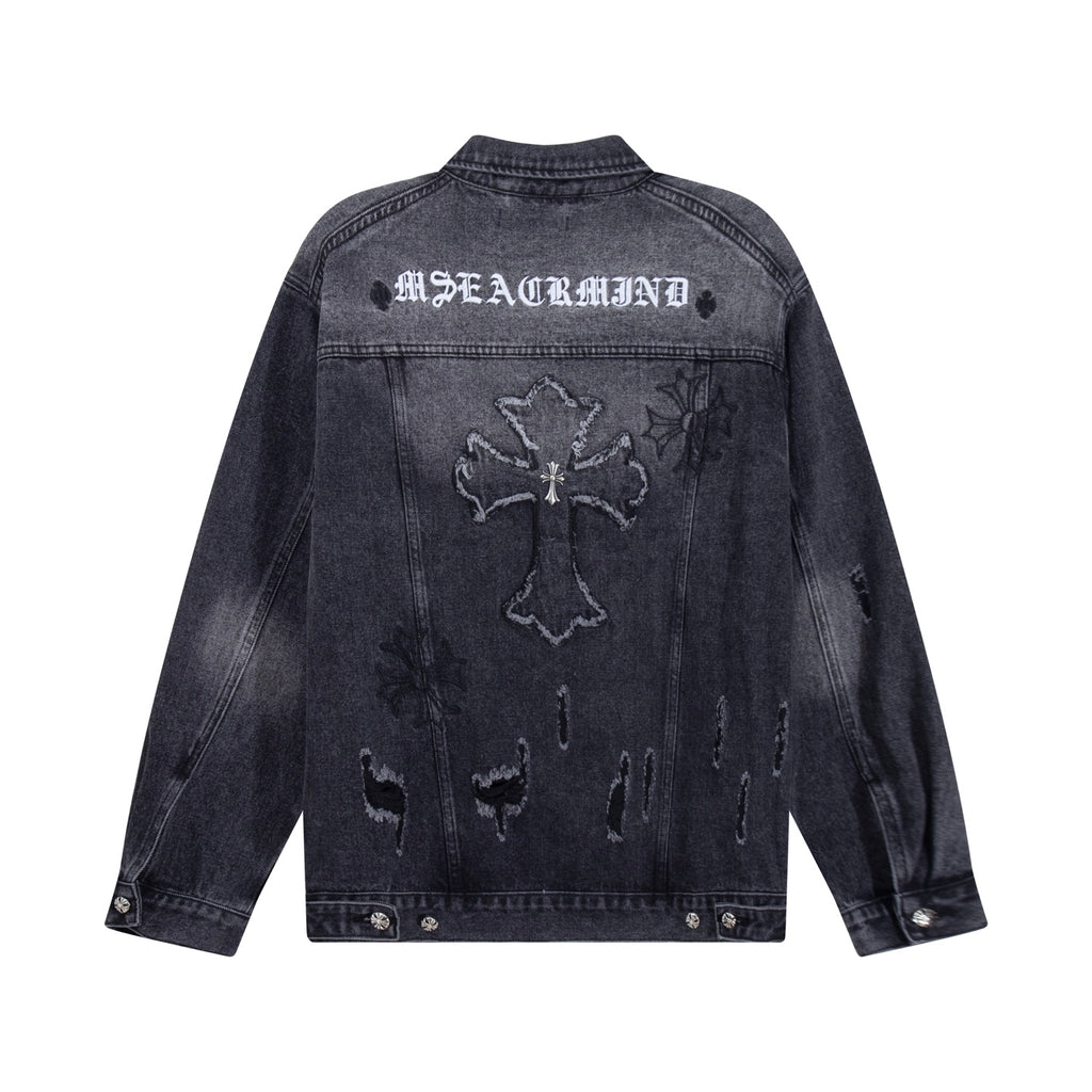 Dark denim jacket with back embroidery and buttoned cuffs