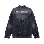 Dark denim jacket with back embroidery and buttoned cuffs