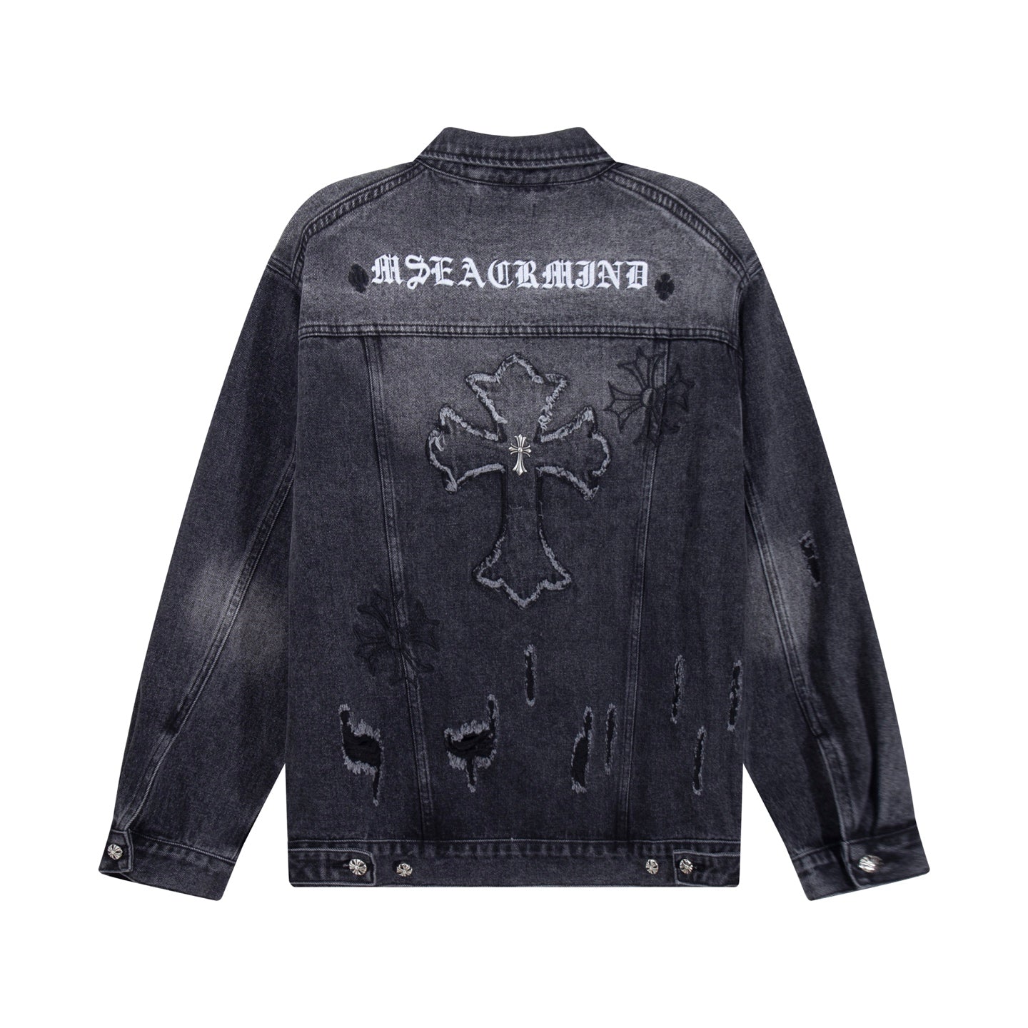 Dark denim jacket with back embroidery and buttoned cuffs
