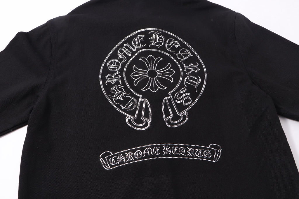 Black shirt jacket back with white rhinestone tree-of-life emblem and banner