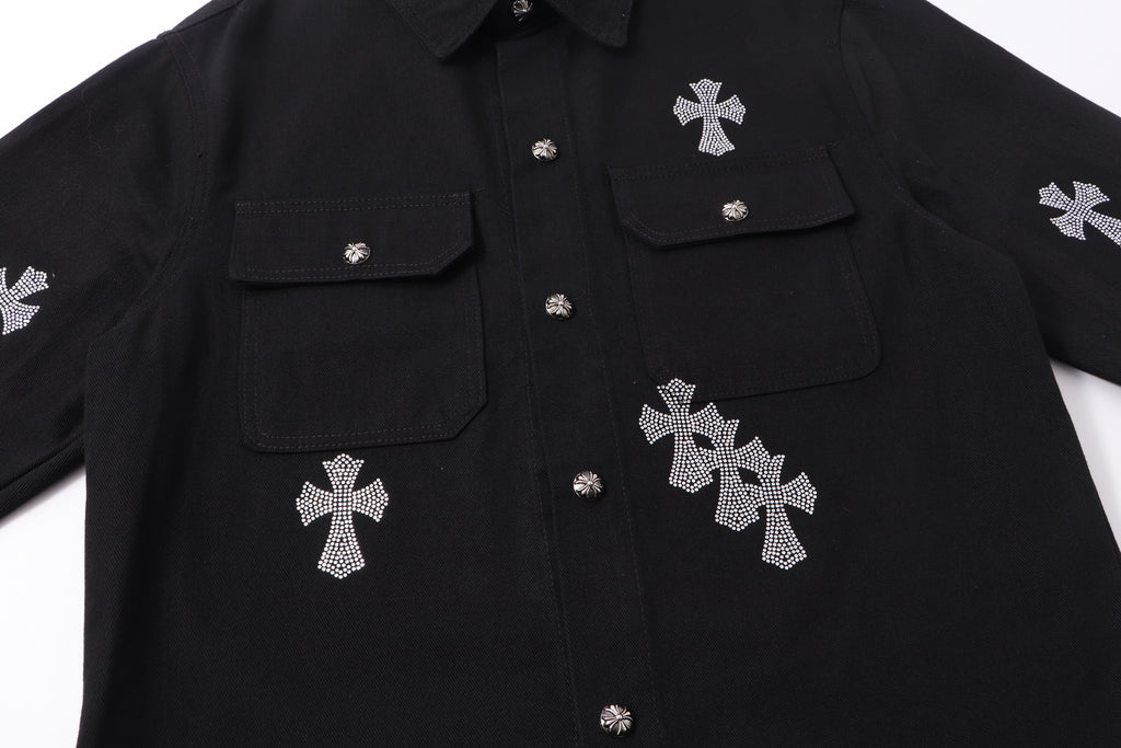 Black overshirt with snap buttons, flap pockets, and rhinestone cross motifs