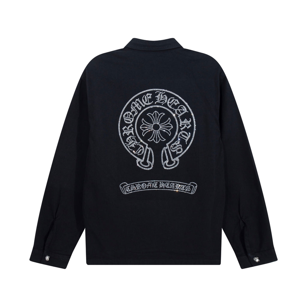 Black long-sleeve shirt jacket with large back graphic and logo patch