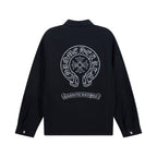 Black long-sleeve shirt jacket with large back graphic and logo patch