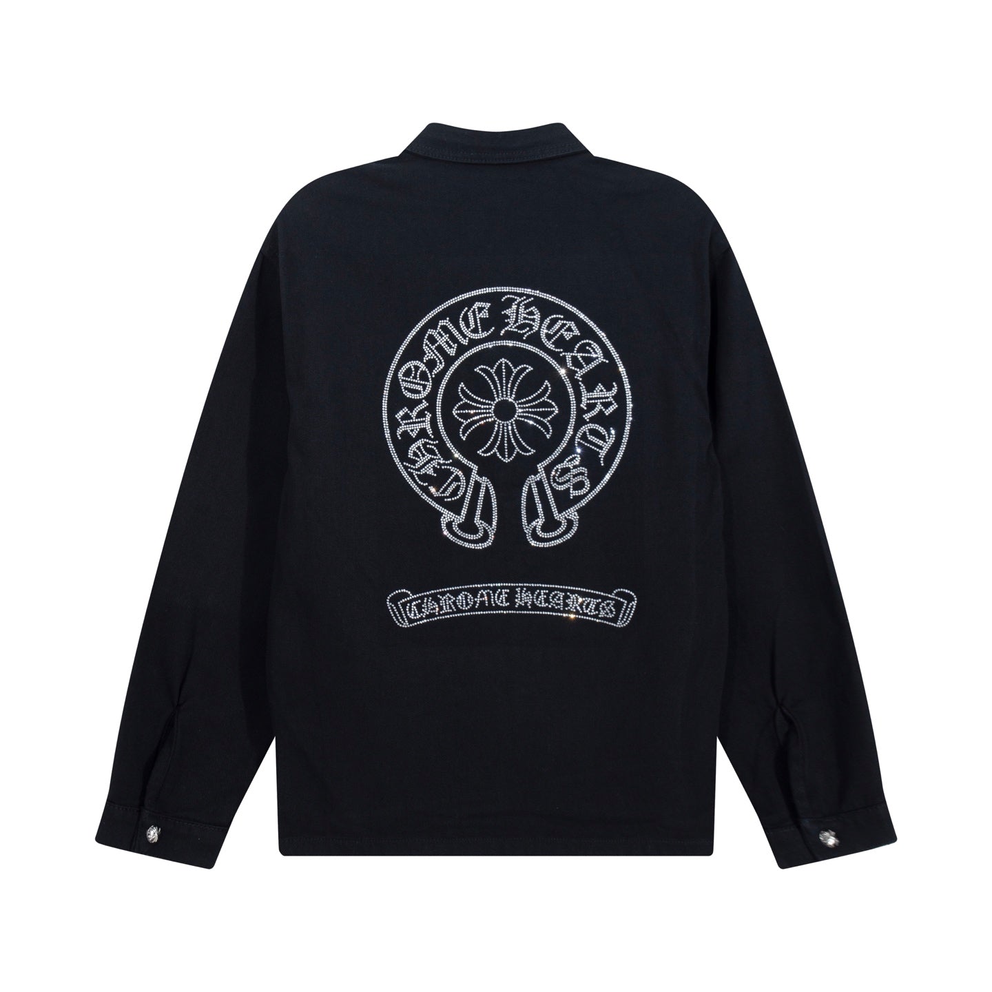 Black long-sleeve shirt jacket with large back graphic and logo patch