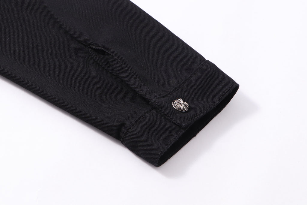Black long-sleeve shirt jacket cuff with metallic button