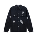 Black button-up overshirt with flap pockets and rhinestone cross patches