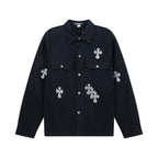 Black button-up overshirt with flap pockets and rhinestone cross patches