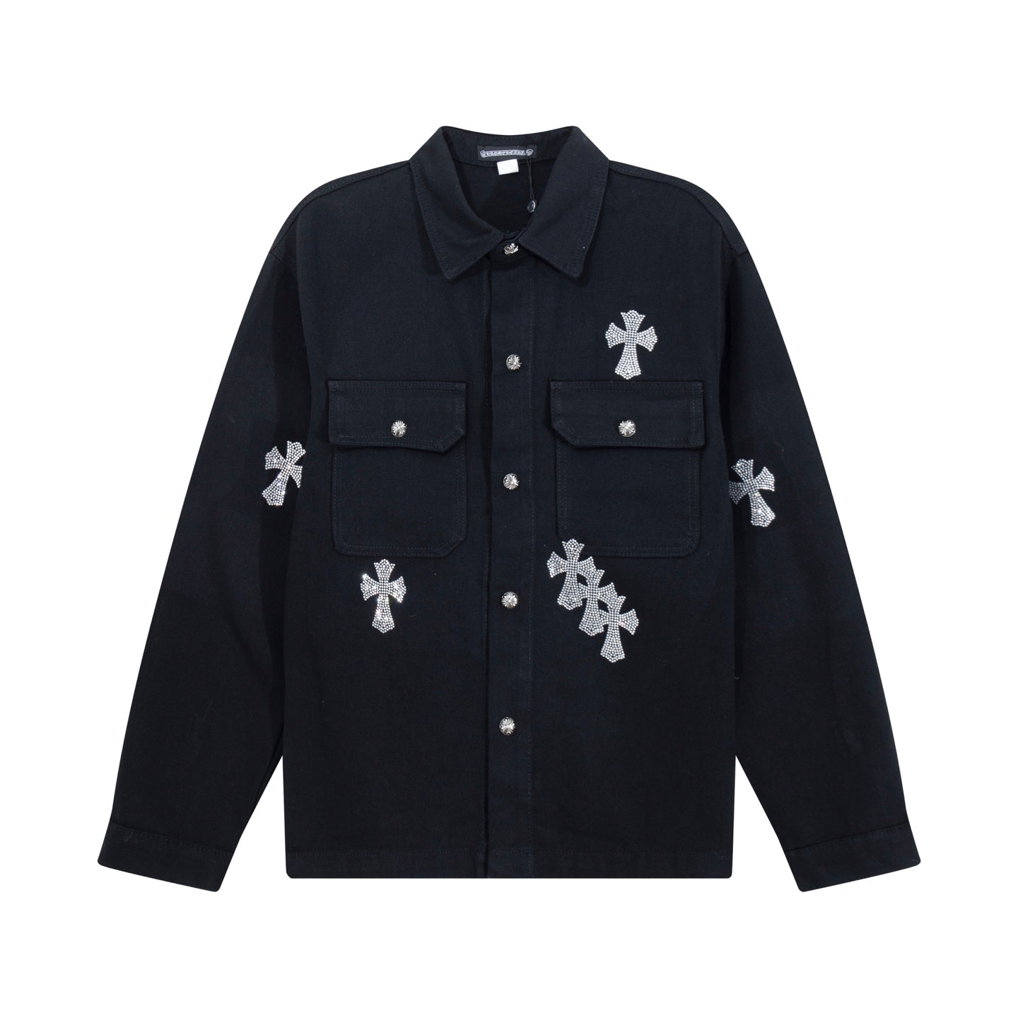 Black button-up overshirt with flap pockets and rhinestone cross patches