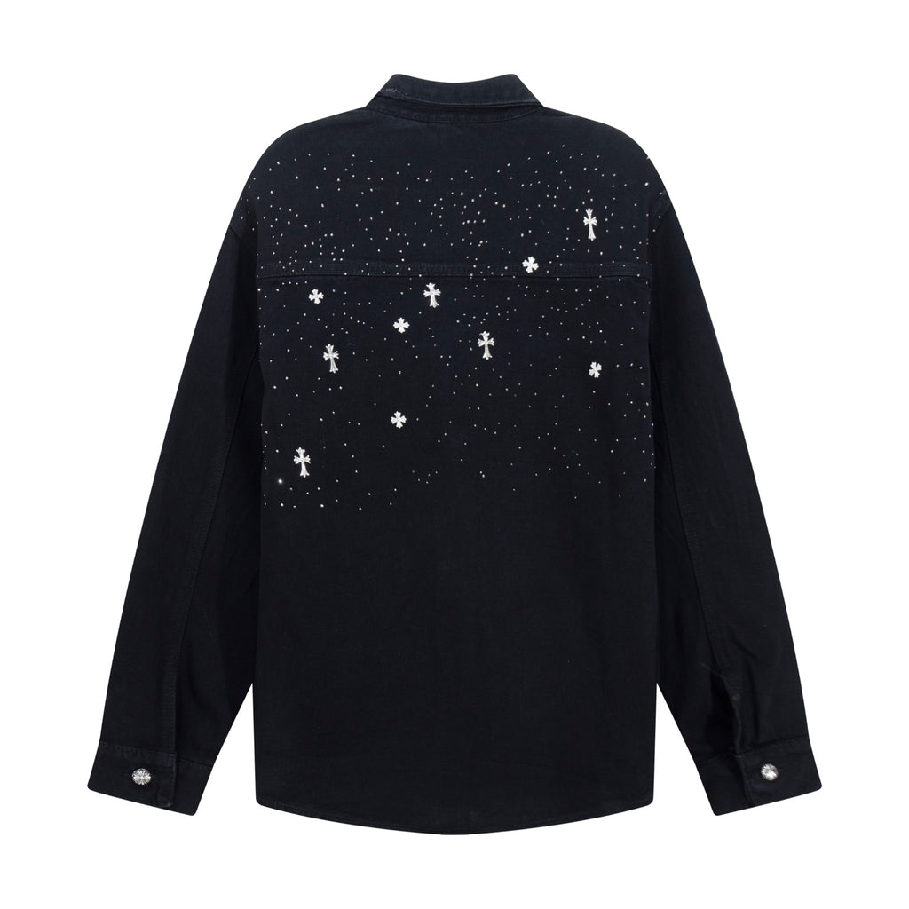 Black long-sleeve button-up shirt, back view with white star and cross pattern.