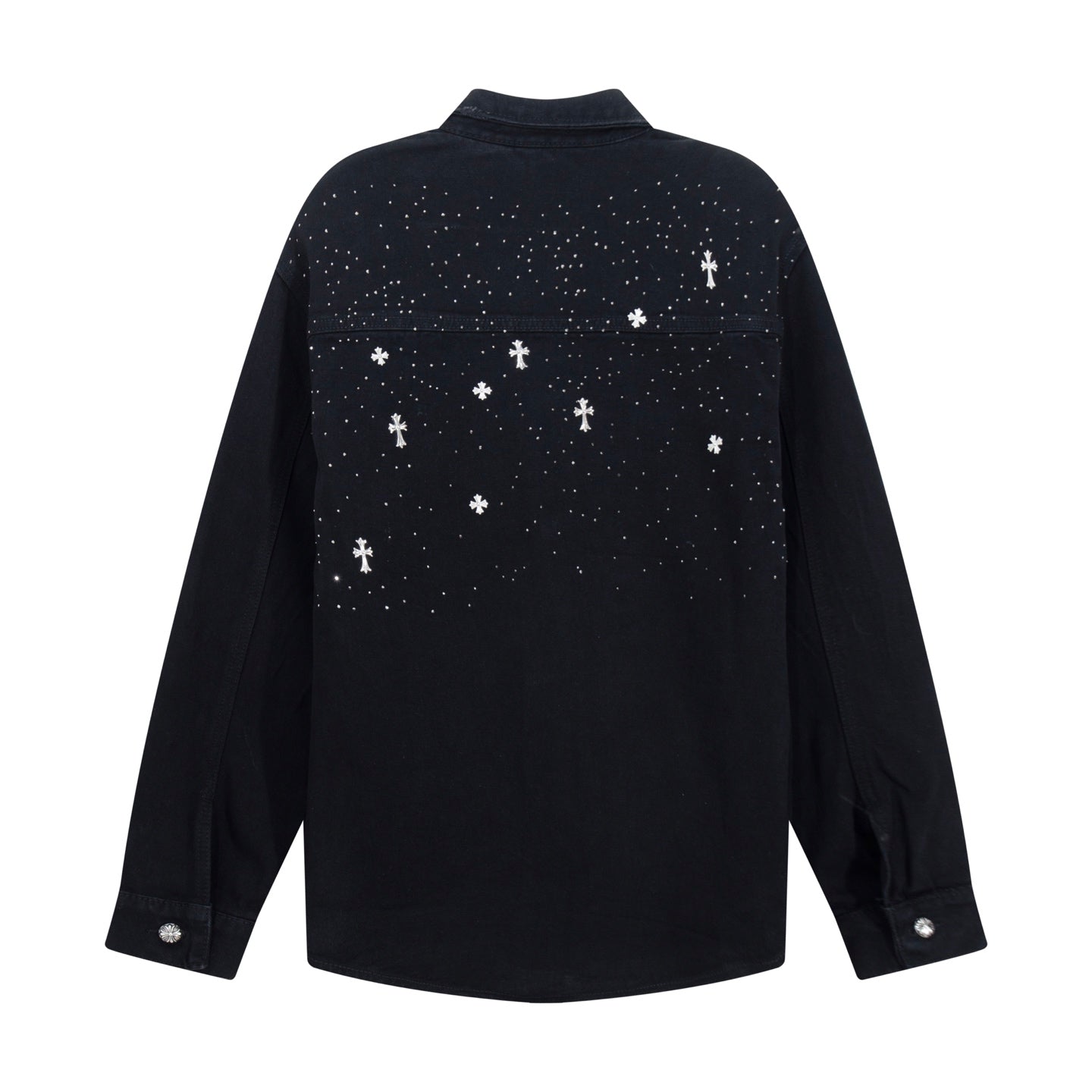 Black long-sleeve button-up shirt, back view with white star and cross pattern.