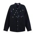 Black long-sleeve button-up shirt with small white star and cross motifs.