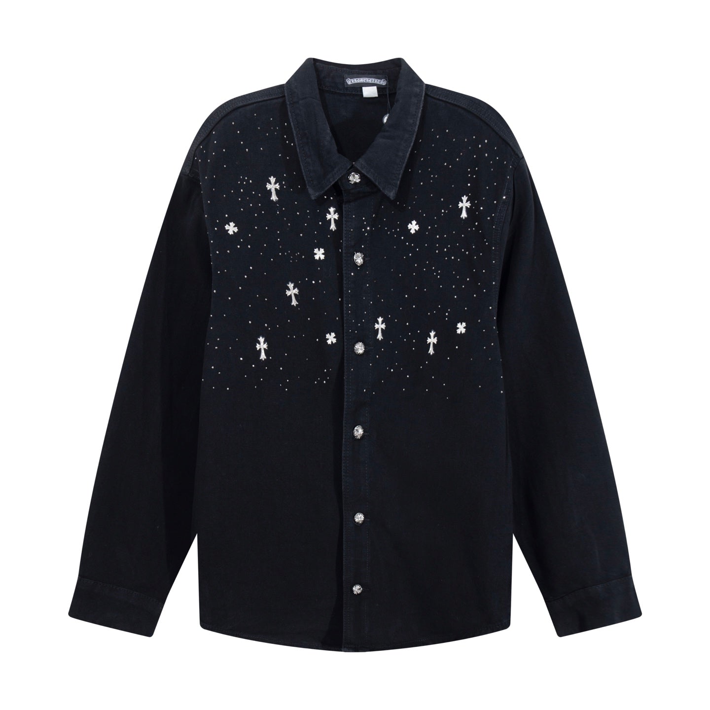 Black long-sleeve button-up shirt with small white star and cross motifs.