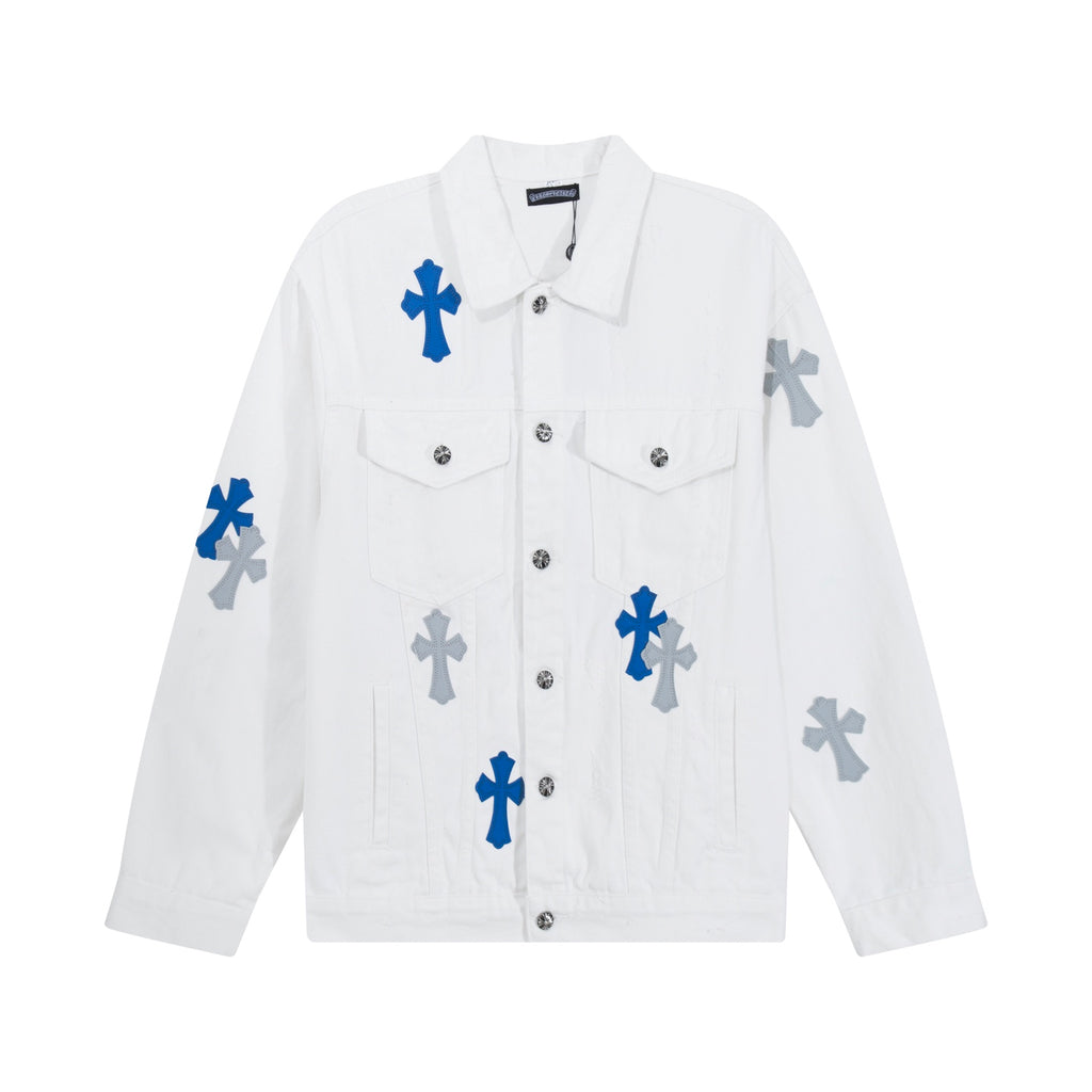 White long-sleeve jacket with button front and blue cross patch details on chest and sleeves