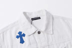 White long-sleeve jacket with point collar, metal button, and blue cross patch on sleeve