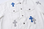 White long-sleeve jacket with multiple blue and gray cross patches and front button closures