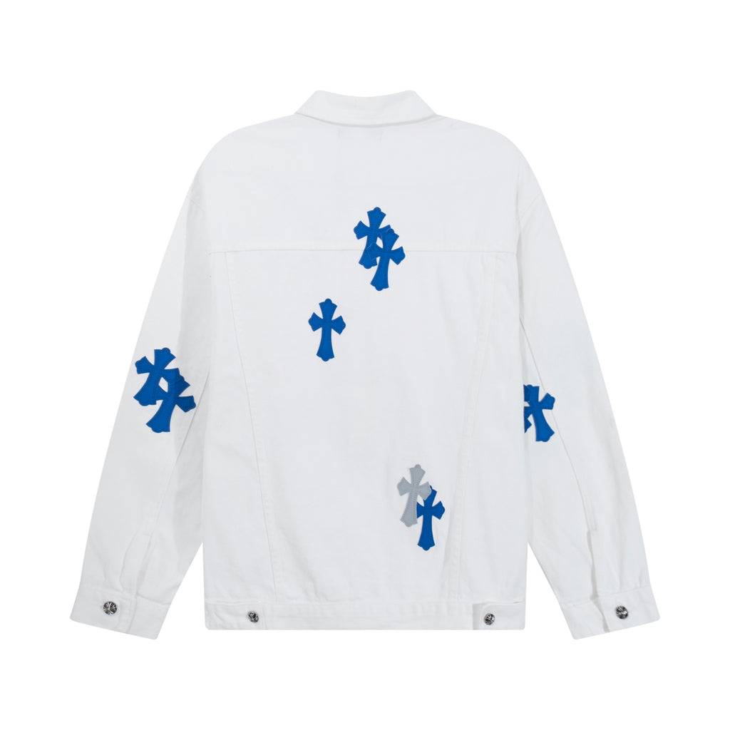 White long-sleeve jacket with high back and blue cross patches on the back panel