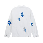 White long-sleeve jacket with high back and blue cross patches on the back panel