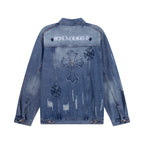 Blue denim jacket back panel with large cross and small floral patches