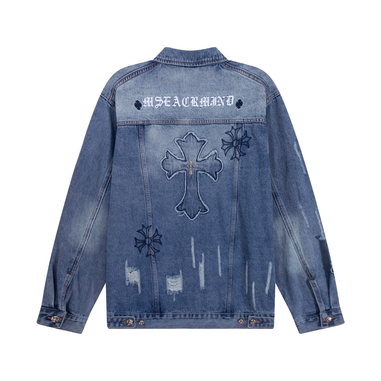 Blue denim jacket back panel with large cross and small floral patches