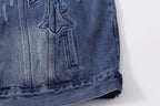 Blue denim jacket lower front with button placket and embroidered cross