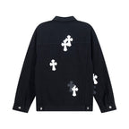 Black denim jacket back view with white cross patches and a small logo detail