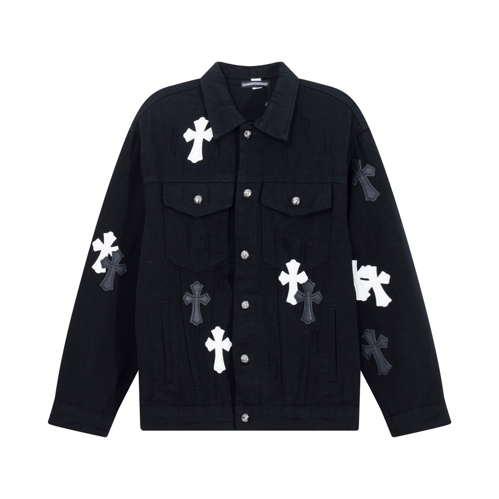 Black denim jacket with button front, flap pockets, and white cross appliques