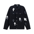 Black denim jacket with button front, flap pockets, and white cross appliques