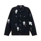 Black denim jacket with button front, flap pockets, and white cross appliques