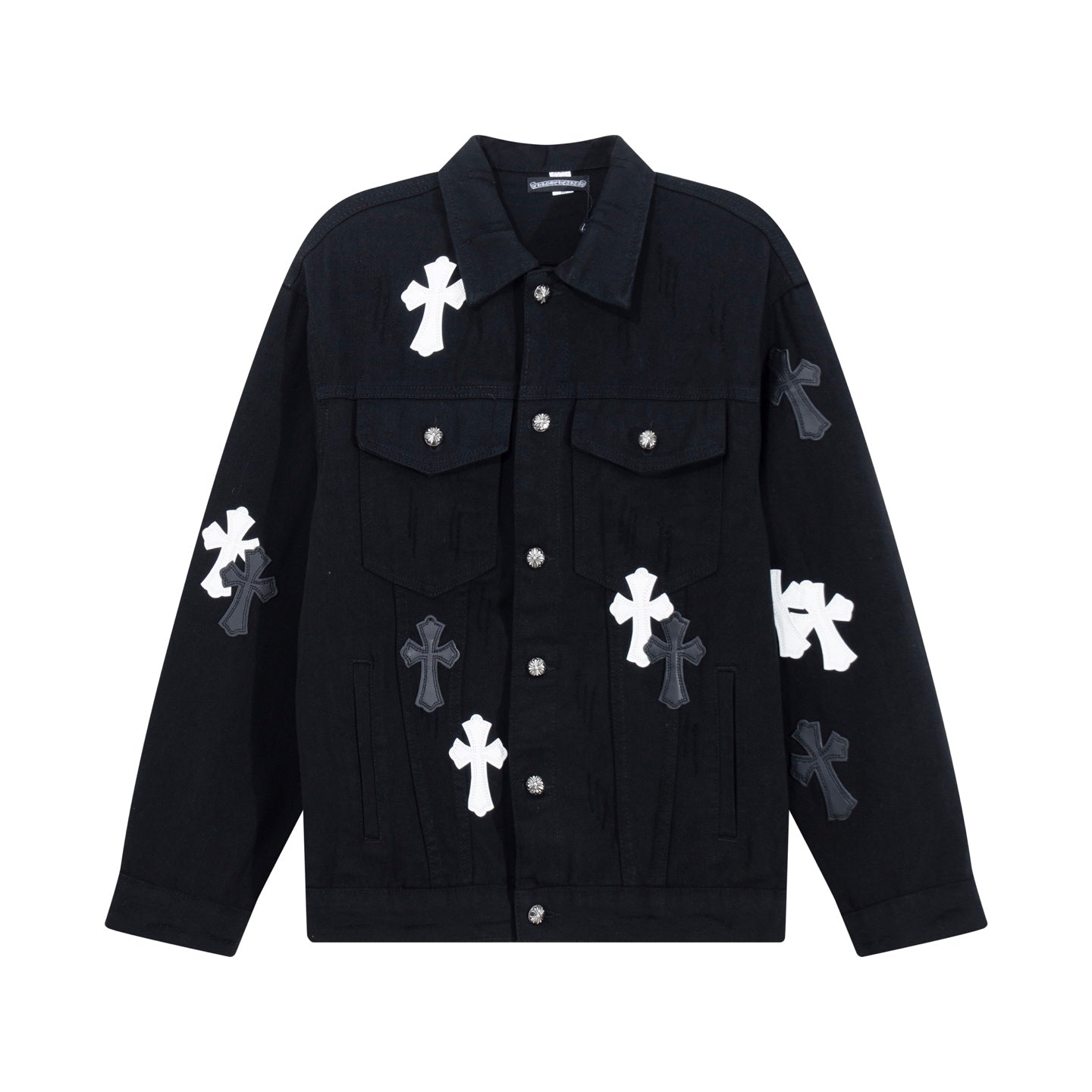 Black denim jacket with button front, flap pockets, and white cross appliques