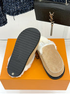 Louis Vuitton ladies shearling loafers, tan suede uppers with white faux-fur and tread sole