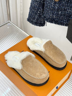 Louis Vuitton ladies shearling loafers set, tan suede with white faux-fur straps