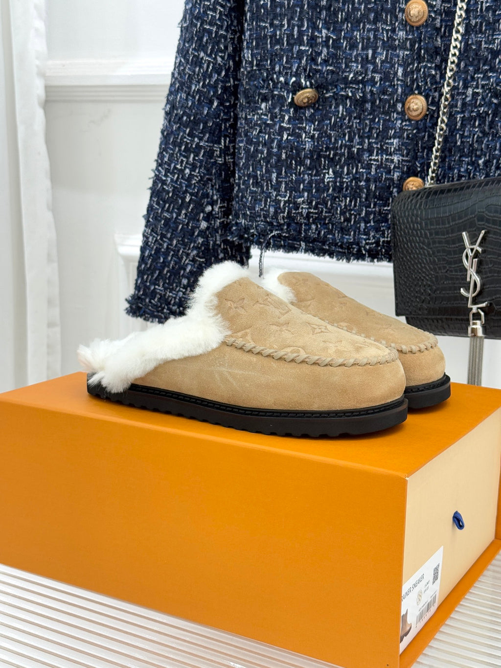 Louis Vuitton ladies shearling loafers, tan suede with white faux-fur lining, slip-on