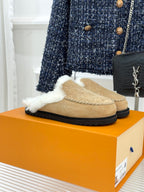 Louis Vuitton ladies shearling loafers, tan suede with white faux-fur lining, slip-on