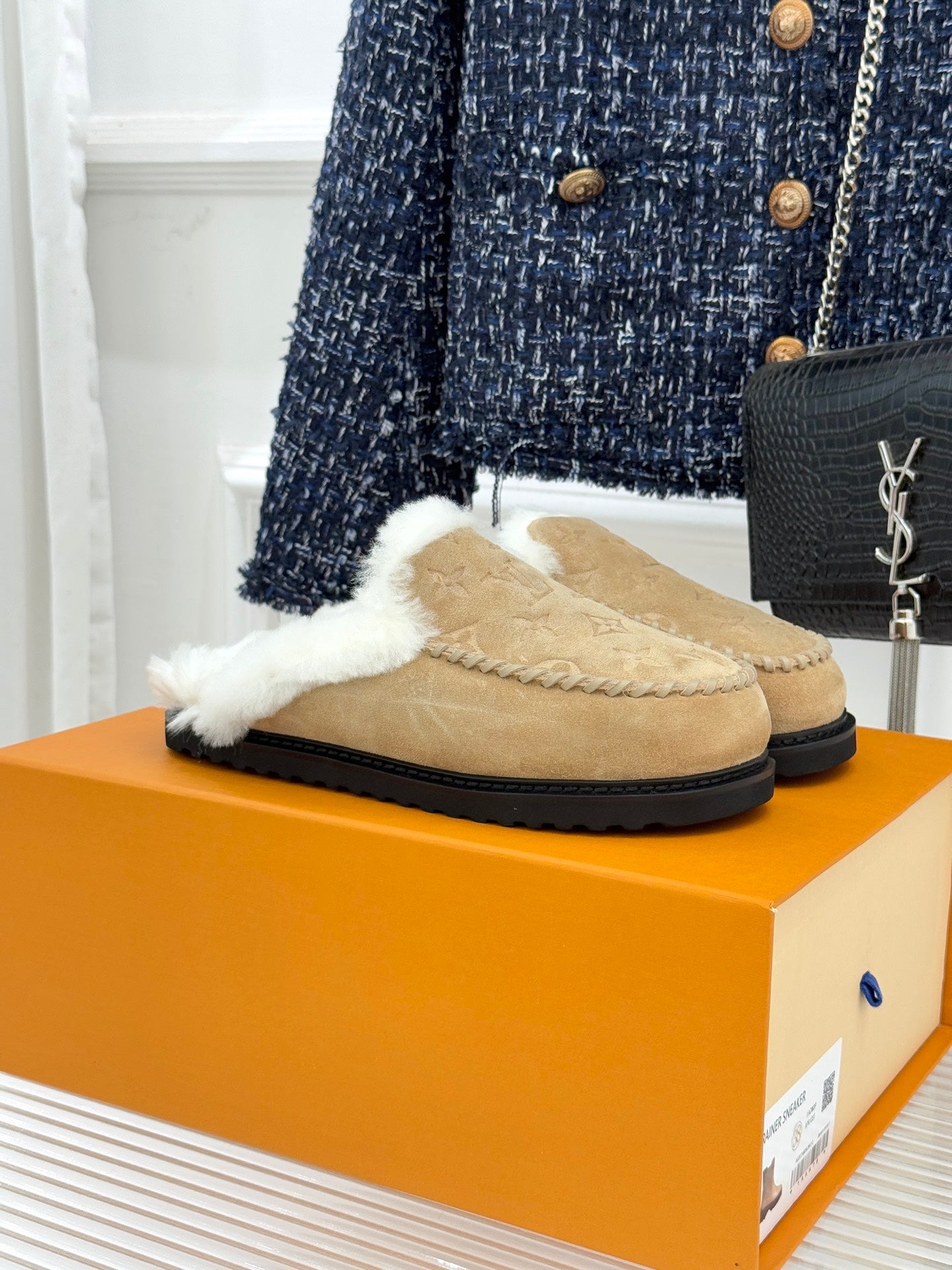 Louis Vuitton ladies shearling loafers, tan suede with white faux-fur lining, slip-on