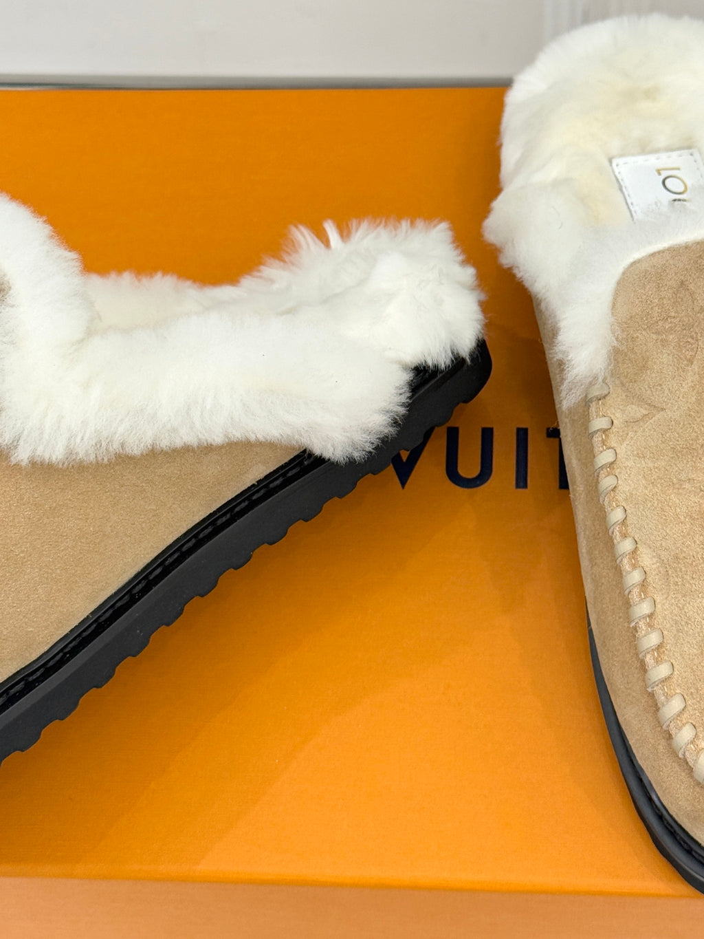 Louis Vuitton ladies shearling slipper, tan suede with long white faux-fur cuff