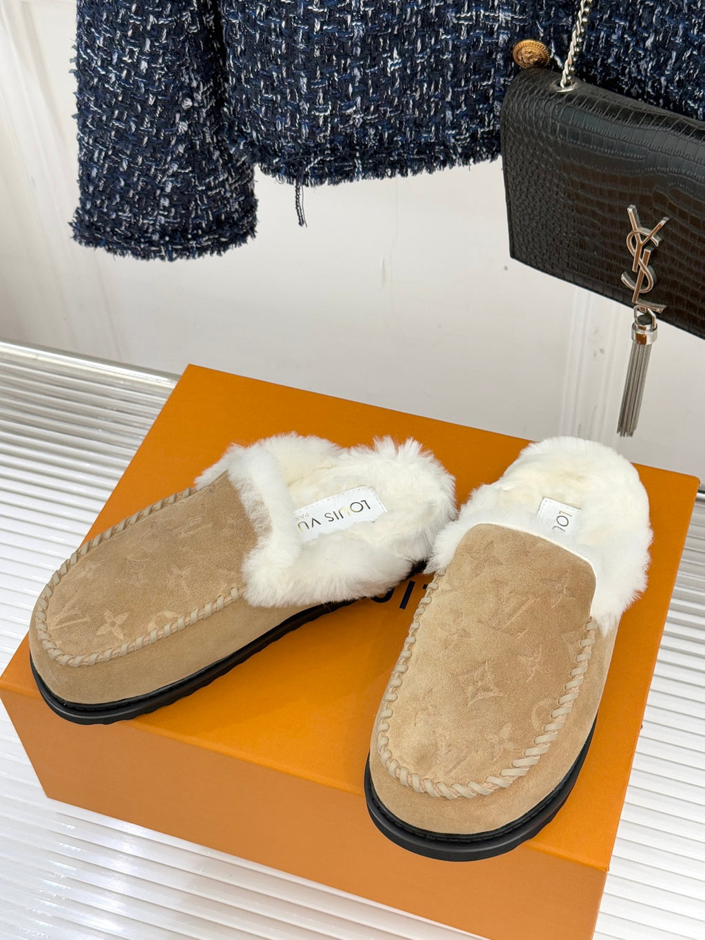 Louis Vuitton ladies shearling loafers, tan suede uppers with white faux-fur trim