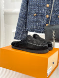 Louis Vuitton monogram slip-on loafers with black faux shearling lining