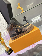 Louis Vuitton ladies high-top sneakers with tan patterned side and lace-up front