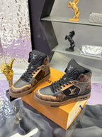 Louis Vuitton ladies high-top sneakers with black uppers and tan patterned panels