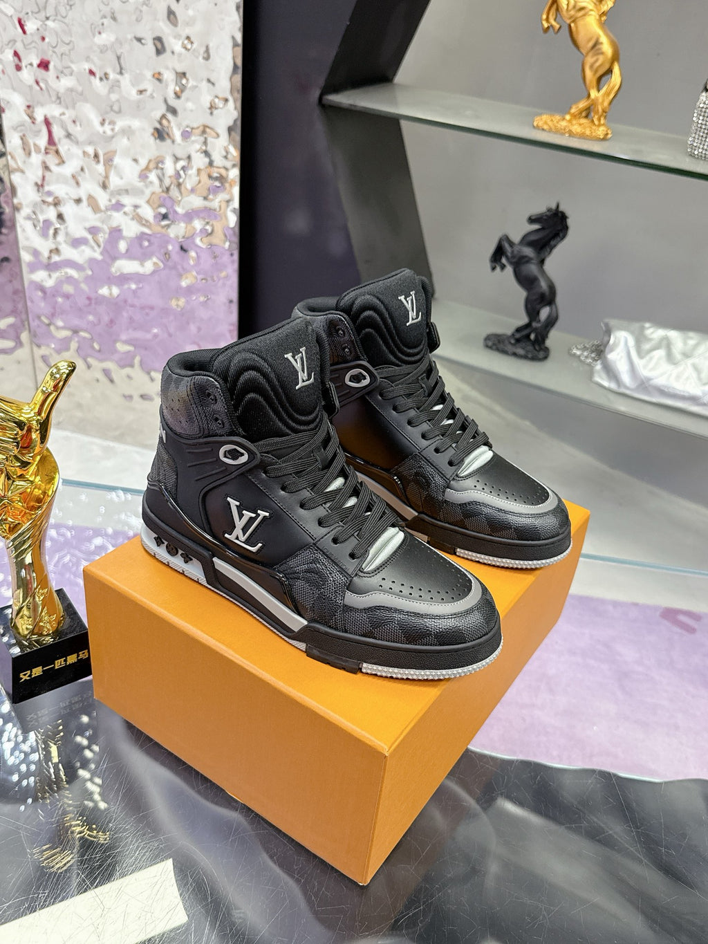 Louis Vuitton high-top sneakers, dark gray/black with gray toe panels and lace-up fronts