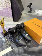 Louis Vuitton high-top sneakers, black leather with gray toe panels and stitched laces