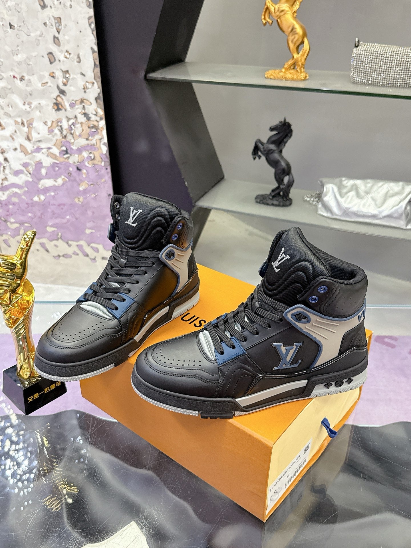 Louis Vuitton high-top sneakers, black and gray leather with Louis Vuitton side logos