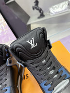 Louis Vuitton high-top sneaker tongue with LV logo and gray-blue lace details