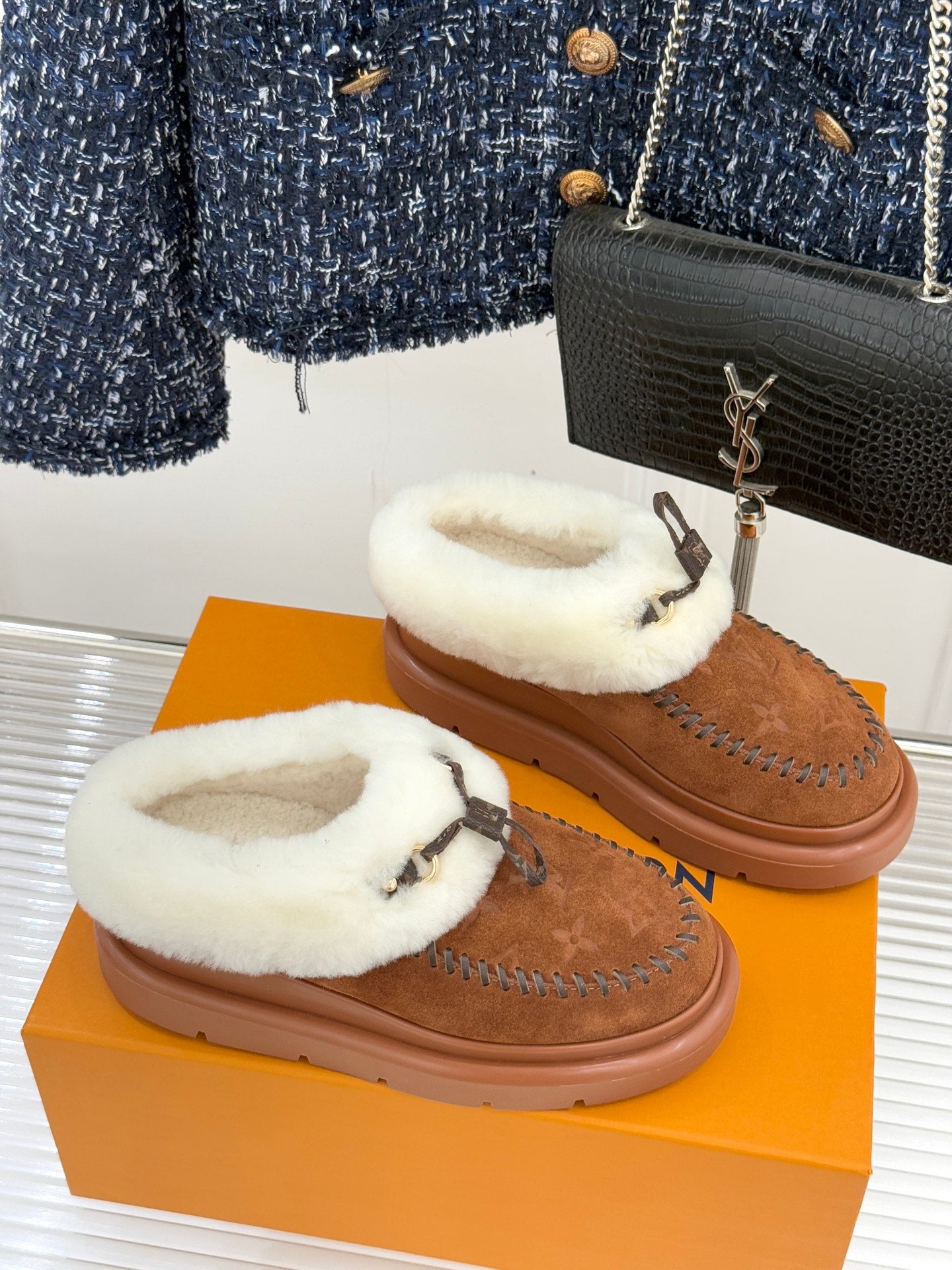 Louis Vuitton women's brown suede slippers with white shearling cuff and thick rubber sole