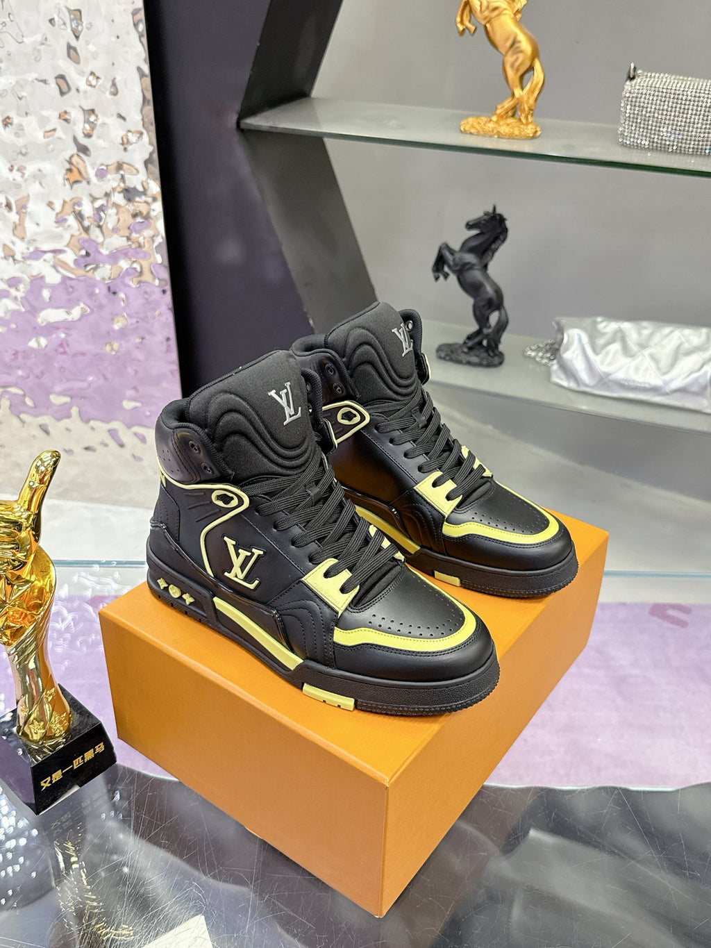 Louis Vuitton ladies high-top sneakers, black with neon yellow trim and lace-up
