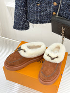 Louis Vuitton women's brown suede slippers with white shearling band and side strap